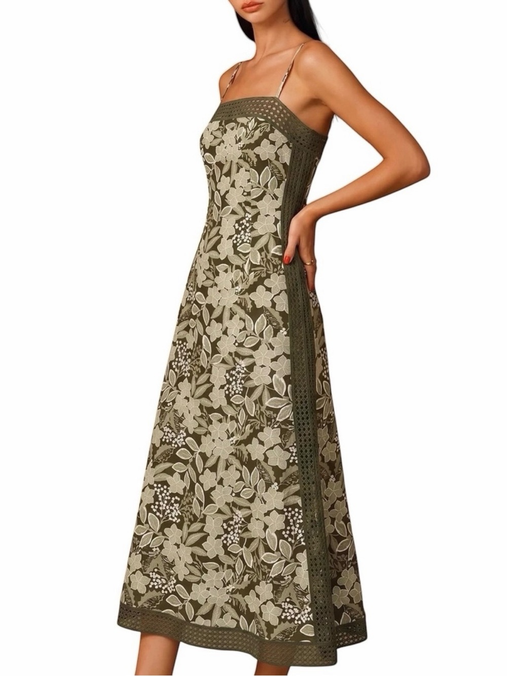 Commense Olive Green Floral Crochet Trim Midi Dress XS NWT Sage Ivory